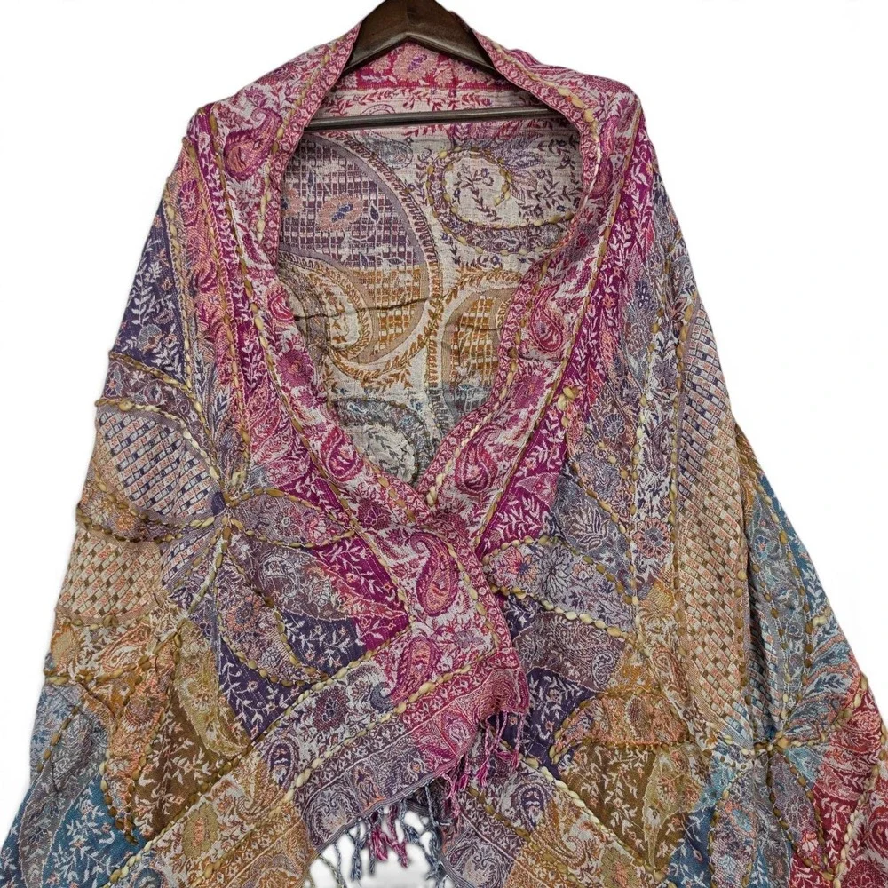 Raj Patchwork Paisley Ruana Kimono Fringe Wrap Boho Festival NWT One Size